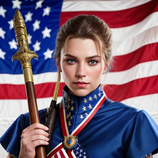 Prompt: United States villian, dressed with US flag, a scepter in his hand, oil painting, UHD, 8k, Very detailed, very beaitiful girl, cinematic, realistic, photoreal, trending on artstation, sharp focus, studio photo, intricate details