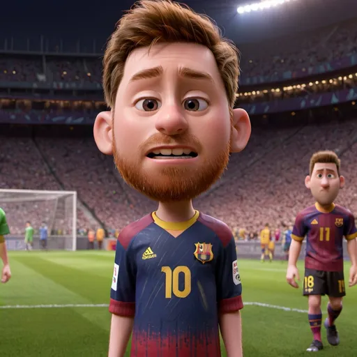 Prompt: Messi cartoon, (oil painting), (UHD), (8k), (highly detailed), (cinematic), (realistic), (photoreal), (trending on ArtStation), (sharp focus), (studio lighting), elaborate textures and intricate details in the background, atmospheric and striking.