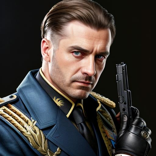 Prompt: Germany villian, nazi dress, with a gun on his hand, oil painting, UHD, 8k, Very detailed, very beaitiful man, cinematic, realistic, photoreal, trending on artstation, sharp focus, studio photo, intricate details