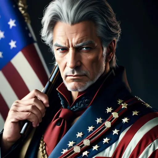 Prompt: United States villian, dressed with US flag, a scepter in his hand, oil painting, UHD, 8k, Very detailed, very beaitiful, cinematic, realistic, photoreal, trending on artstation, sharp focus, studio photo, intricate details