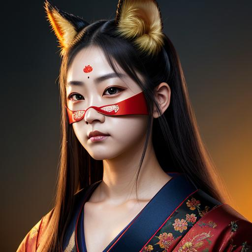 Prompt: japanese villian, kitsune mask, japanese tradition, oil painting, UHD, 8k, Very detailed, very beaitiful girl, cinematic, realistic, photoreal, trending on artstation, sharp focus, studio photo, intricate details