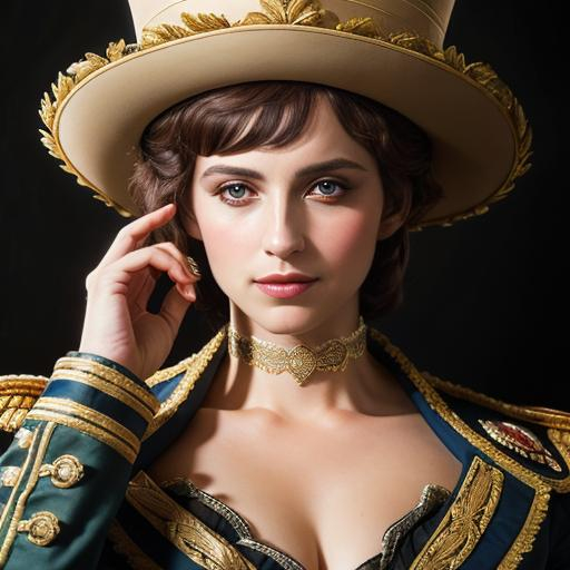 Prompt: France villian, Napoleon's hat, evil, baguette in her hand, big chest, oil painting, UHD, 8k, Very detailed, very beaitiful, cinematic, realistic, photoreal, trending on artstation, sharp focus, studio photo, intricate details