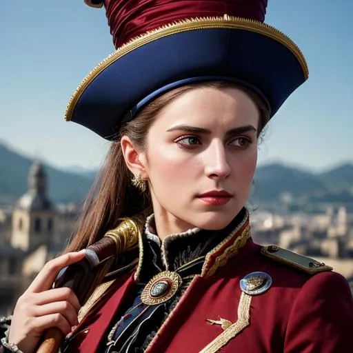 Prompt: France villian, bicorn Napoleonic hat, evil, France flag, scary,  baguette in her hand, big chest, oil painting, UHD, 8k, Very detailed, very beaitiful, cinematic, realistic, photoreal, trending on artstation, sharp focus, studio photo, intricate details