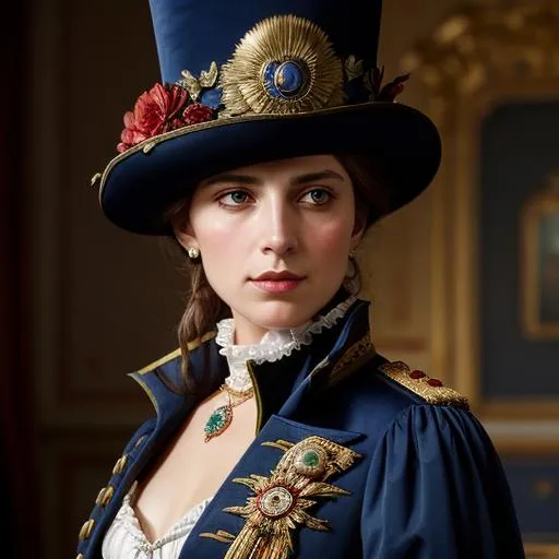Prompt: France villian, Napoleon's hat, evil, scary,  baguette in her hand, big chest, oil painting, UHD, 8k, Very detailed, very beaitiful, cinematic, realistic, photoreal, trending on artstation, sharp focus, studio photo, intricate details