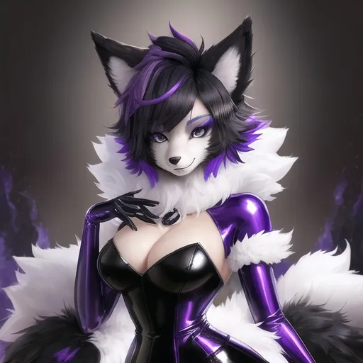 Prompt: A Female anthro fox, black and white fur, short purple hair, blue eyes, fluffy, furry, fursuit, anthropomorphic, fantasy, expressive eyes, shiny black latex dress