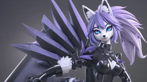 Prompt: A Female anthro black and white fox, short blue and purple hair, blue eyes, fluffy, furry, fursuit, anthropomorphic, fantasy, expressive eyes, shiny black latex dress