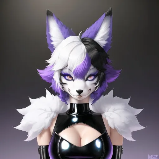 Prompt: A Female anthro black and white fox, short blue and purple hair, blue eyes, fluffy, furry, fursuit, anthropomorphic, fantasy, expressive eyes, shiny latex dress, 