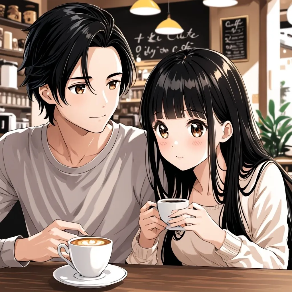 Prompt: a very cute girl with a boy with long black hair on a cafe