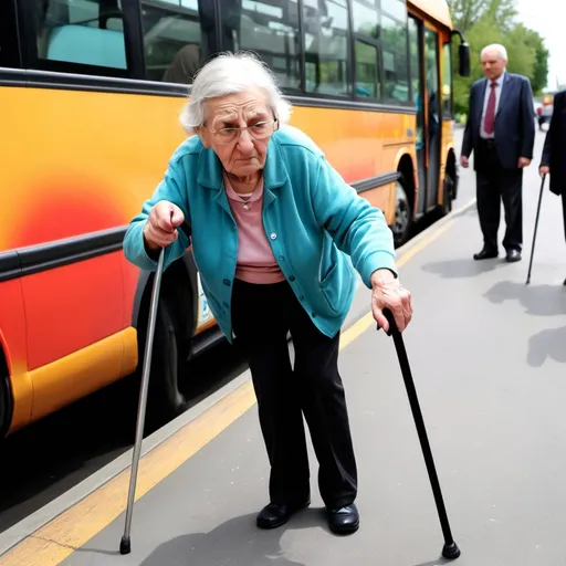 Prompt: An elderly woman with a cane refuses help when boarding the bus