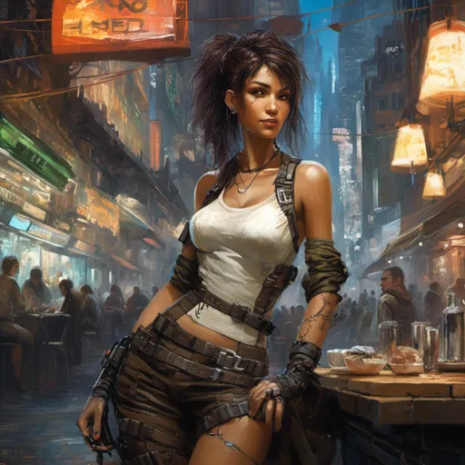 Prompt: <mymodel> a cyberpunk human woman, olive skin, luscious. Wears a white dress. Busy cyberpunk parisian café  background