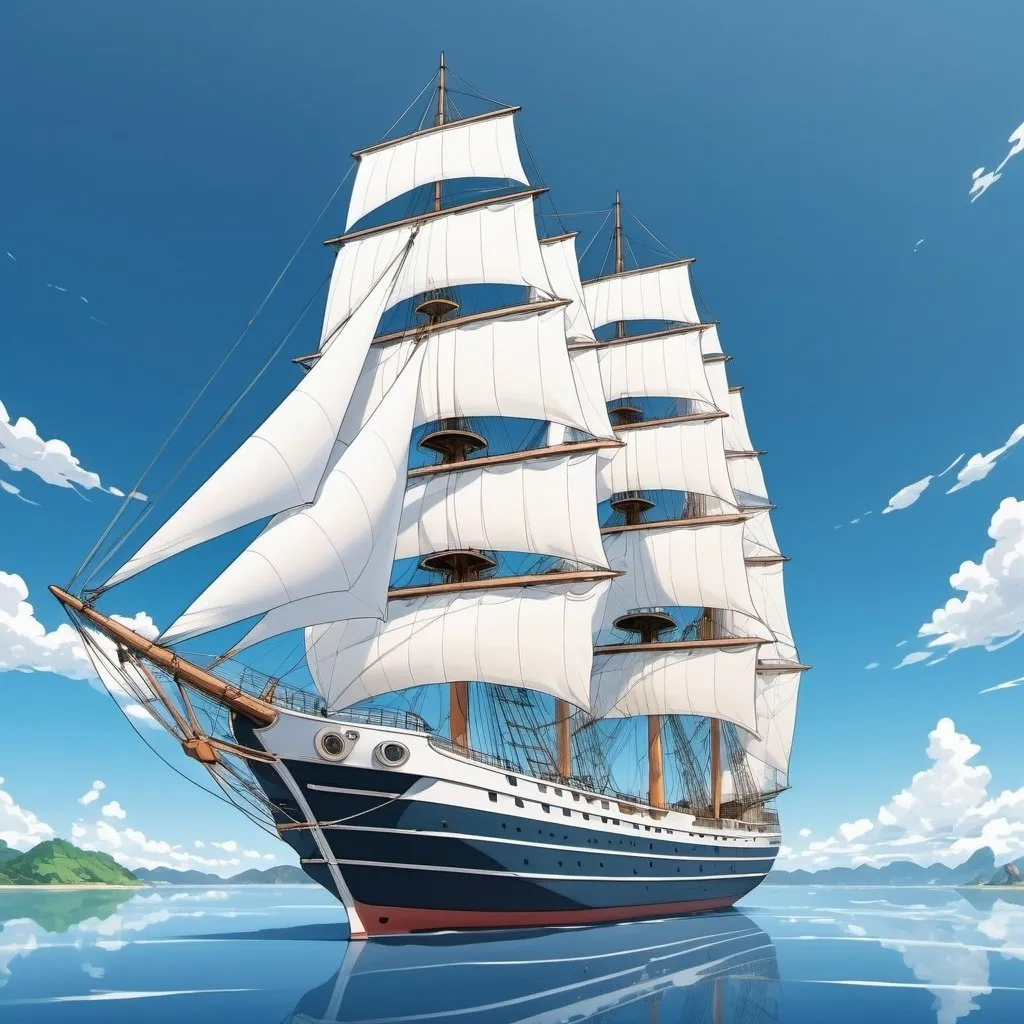 Prompt: Anime style A sleek, dull three-masted ship with an island in the background and a vast blue sky.