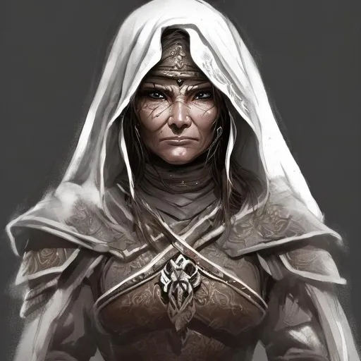 Prompt: Portait of a mature female warrior priest, tanned skin. brown eyes. very short grey hair. wears religious clothes and a white hood on her head. look suffering. black and white detailed rough sketch. warhammer fantasy 