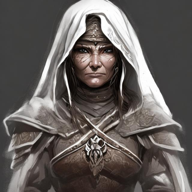 Prompt: Portait of a mature female warrior priest, tanned skin. brown eyes. very short grey hair. wears religious clothes and a white hood on her head. look suffering. black and white detailed rough sketch. warhammer fantasy 