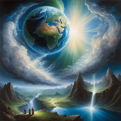 Prompt: hyper-realistic depiction of (the Creation of Earth by God), divine atmosphere, celestial light radiating from a central figure, vibrant blues and greens representing the earth’s land and water, dramatic cloud formations, intricate cosmic details, awe-inspiring landscape, tranquil yet powerful mood, ultra-detailed, highlighting the contrast of darkness and light, (divine presence), ethereal and majestic, infinite space backdrop, serene and captivating ambiance.