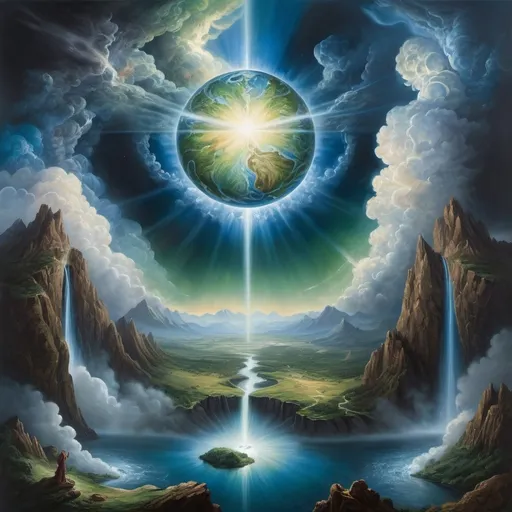 Prompt: hyper-realistic depiction of (the Creation of Earth by God), divine atmosphere, celestial light radiating from a central figure, vibrant blues and greens representing the earth’s land and water, dramatic cloud formations, intricate cosmic details, awe-inspiring landscape, tranquil yet powerful mood, ultra-detailed, highlighting the contrast of darkness and light, (divine presence), ethereal and majestic, infinite space backdrop, serene and captivating ambiance.