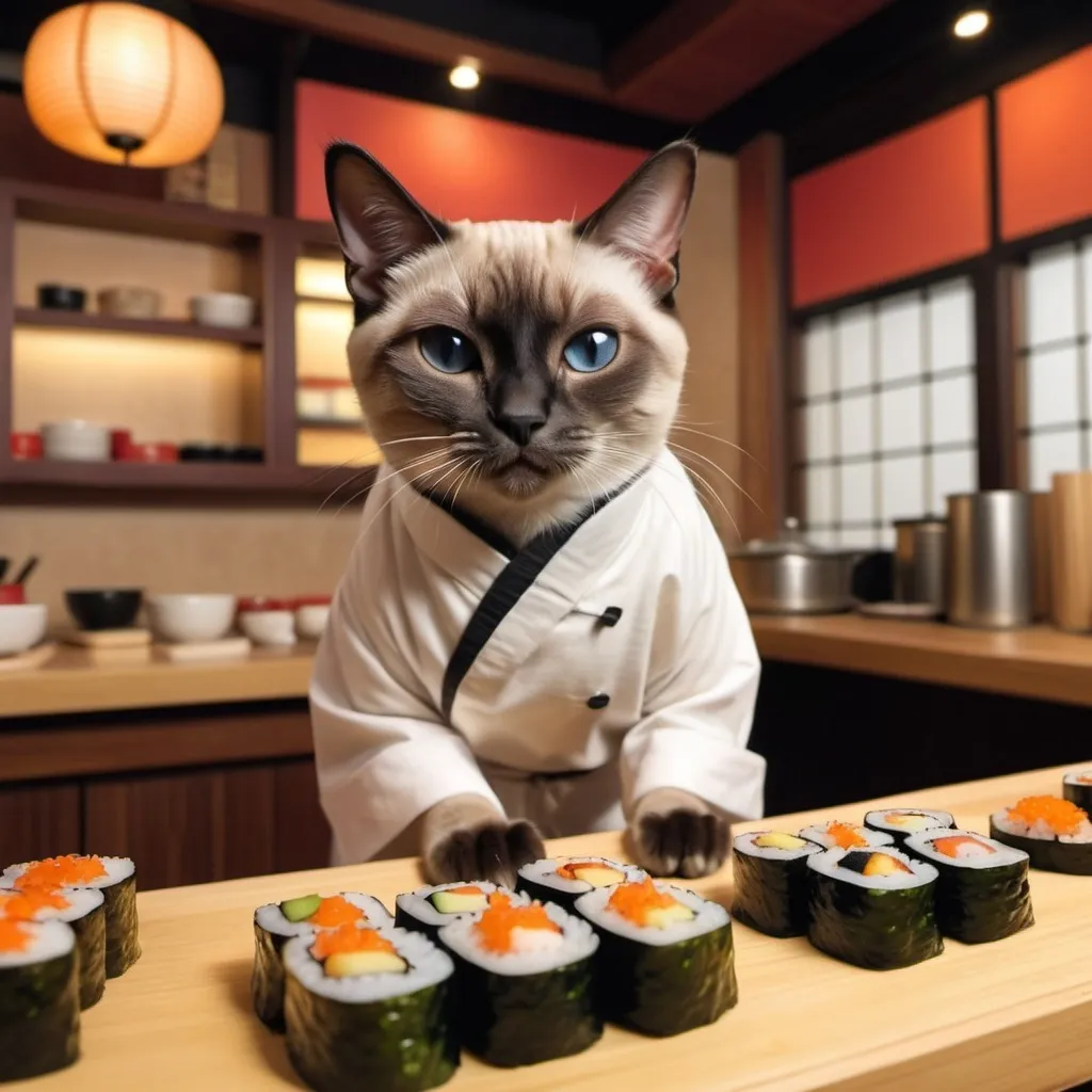 Prompt: Siamese cat (playing the role of a sushi chef), busy behind a sushi counter, freshly made sushi rolls on display, details of the restaurant environment, cozy ambiance, warm lighting, playful interactions, feline customers, inviting atmosphere, colorful sushi ingredients, high quality, ultra-detailed, 4K, charming scene that fuses culinary art with feline charm.