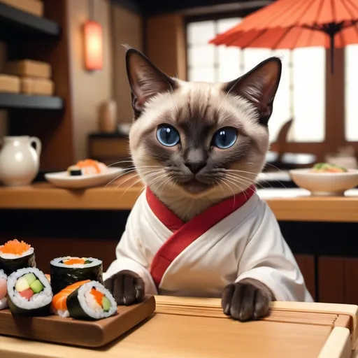 Prompt: Siamese cat (playing the role of a sushi chef), busy behind a sushi counter, freshly made sushi rolls on display, details of the restaurant environment, cozy ambiance, warm lighting, playful interactions, feline customers, inviting atmosphere, colorful sushi ingredients, high quality, ultra-detailed, 4K, charming scene that fuses culinary art with feline charm.