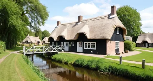 Prompt: There are three thatched cottages in the beautiful countryside with a Dutch waterwheel