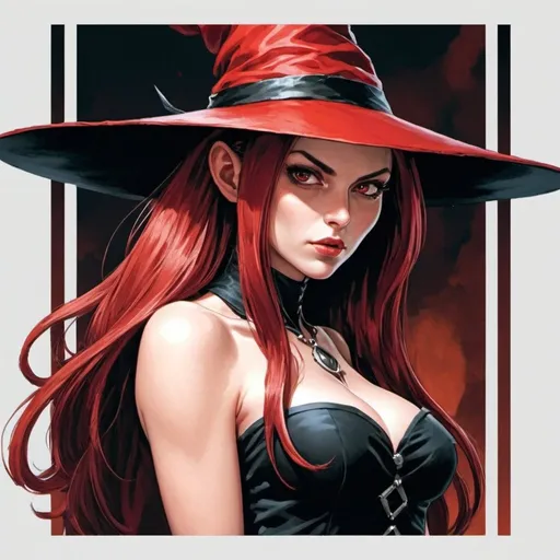 Prompt: Red Hat Witch with short hairt