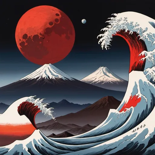 Prompt: a painting of a red moon over four volcanic mountains - Mexico's Pico de Orizaba, Popocateptl, Ixtaciuatl and Nevado de Toluca,  and a wave with a red moon in the background and a red moon in the sky, Have the volcanos positioned in the background in realistic locations to each other - as if they were being viewed at the same time from a distance. Dan Mumford, ukiyo-e, japan, poster art