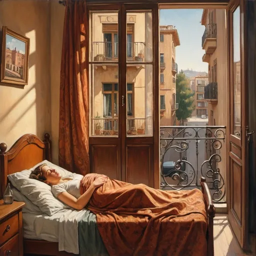 Prompt: Interior of 1936 Poble Nou flat, woman sleeping on bed, his husband is outside in the balcony, happy, watching the streets. It is 19 july 1936, vintage oil painting, detailed furniture, realistic, warm tones, historic, street view, detailed, warm colors, historic vibes