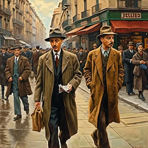 Prompt: <mymodel>Companys in Las Ramblas Barcelona, with another man, with hats, long coat, walking discretely in one side, watching las Ramblas, people running, a young man giving a newspaper, Barcelona 1936, oil painting, vintage, historical, detailed interior, 4k, professional art, realistic, classic art style, warm tones, natural lighting, grand architecture, elegant attire, serious expressions, historical significance