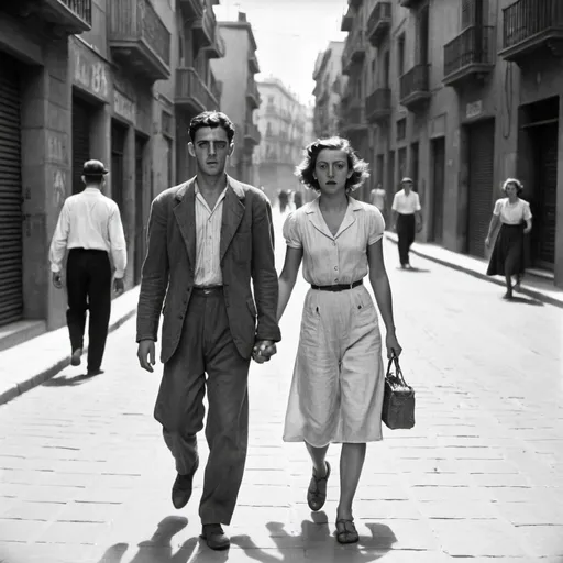 Prompt: a young man and a woman walking in the streets of Poble Nou, Barcelona, on the 19 july 1936. scared and walking fast