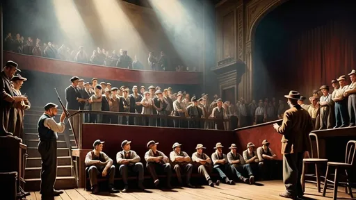 Prompt: Historical meeting of 50 workers inside a Barcelona theatre, 1936, intense discussion, one worker standing on a chair speaking passionately, vintage oil painting, detailed and realistic portrayal of workers, theatrical atmosphere, 4k ultra-detailed, vintage oil painting, intense and dramatic, warm tones, dramatic lighting, 1930s apparel, vintage theater interior, workers with winchester rifles, intense and dramatic, vintage, historical, detailed portrayal, theatrical lighting