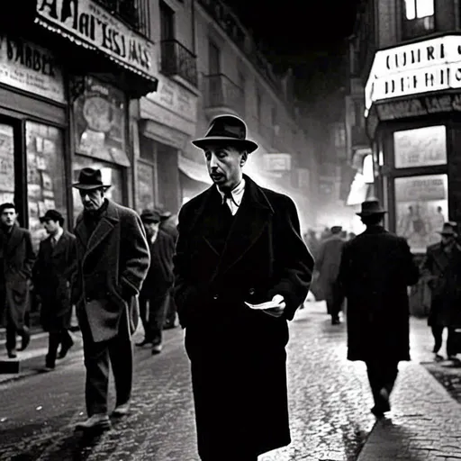 Prompt: <mymodel>Barcelona 1936 at 5 am, nighttime, people running, man in long coat and hat walking discretely, young man giving a newspaper, vintage newspaper scene, Las Ramblas, high contrast, film noir style, dark and mysterious lighting, cityscape silhouette, classic black and white, newspaper boy, vintage atmosphere
