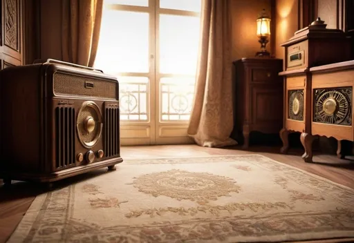 Prompt: Vintage radio in 1930s Barcelona room, wooden radio with brass details, warm nostalgic lighting, aged and weathered appearance, intricate carvings and patterns, cozy and welcoming atmosphere, dusty vintage, antique, warm tones, detailed woodwork, 1930s, Barcelona, warm lighting, nostalgic, cozy ambiance