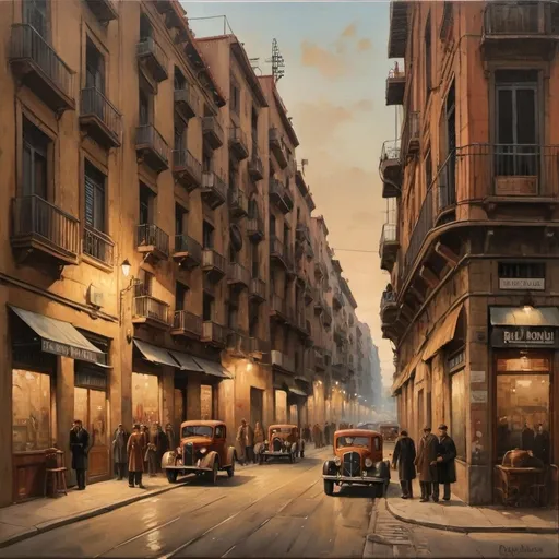 Prompt: factory sirens in Poble Nou in Barcelona, ​​in 1936. vintage oil painting, detailed furniture, realistic, warm tones, historic, street view, detailed, warm colors, historic vibes. it's 5 am, still dark  outside