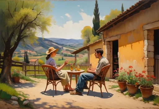 Prompt: Catalan farm discussion between young man and woman in 1936, siting on chairs, rustic oil painting, warm and vibrant lighting, detailed expressions,  rustic oil painting, rural setting, detailed faces, vibrant colors, warm lighting, spring blooms