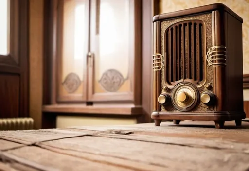 Prompt: Vintage radio in 1930s Barcelona middle class room, wooden radio with brass details, warm nostalgic lighting, aged and weathered appearance, intricate carvings and patterns, cozy and welcoming atmosphere, dusty vintage, antique, warm tones, detailed woodwork, 1930s, Barcelona, warm lighting, nostalgic, cozy ambiance