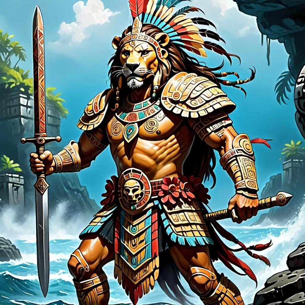 Prompt: A Mayan, Leonin Mayan Paladin that took the oath of the open sea. With a Mayan short sword 