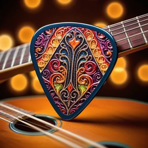 Prompt: (guitar pick), intricate design, vibrant colors, high-depth details, glossy finish, photorealistic, warm tone, intricate guitar strings in the background, bokeh lighting, high-definition, ultra-detailed, artistic atmosphere, awe-inspiring, sharp focus.