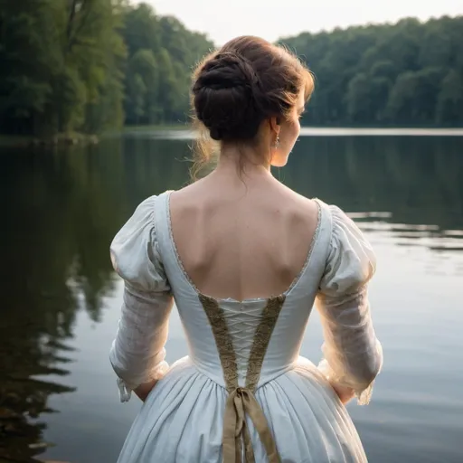 Prompt: The back profile of an 18th century woman in a white dress behind a shining lake