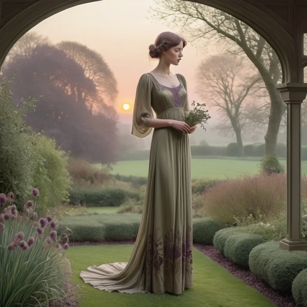 Prompt: The vintage image features a garden maiden in full view, wearing a gossamer gown and admiring the setting sun. She exudes elegance and invites nostalgia with her formal yet inviting appearance. Rather moody and richly  evocative The artwork is rendered in a minimal voysey style, using a soft, muted palette of dusty plum, aubergine, sage green, and olive green. The attention to detail lends an antique feel to the image, making it suitable for framing.