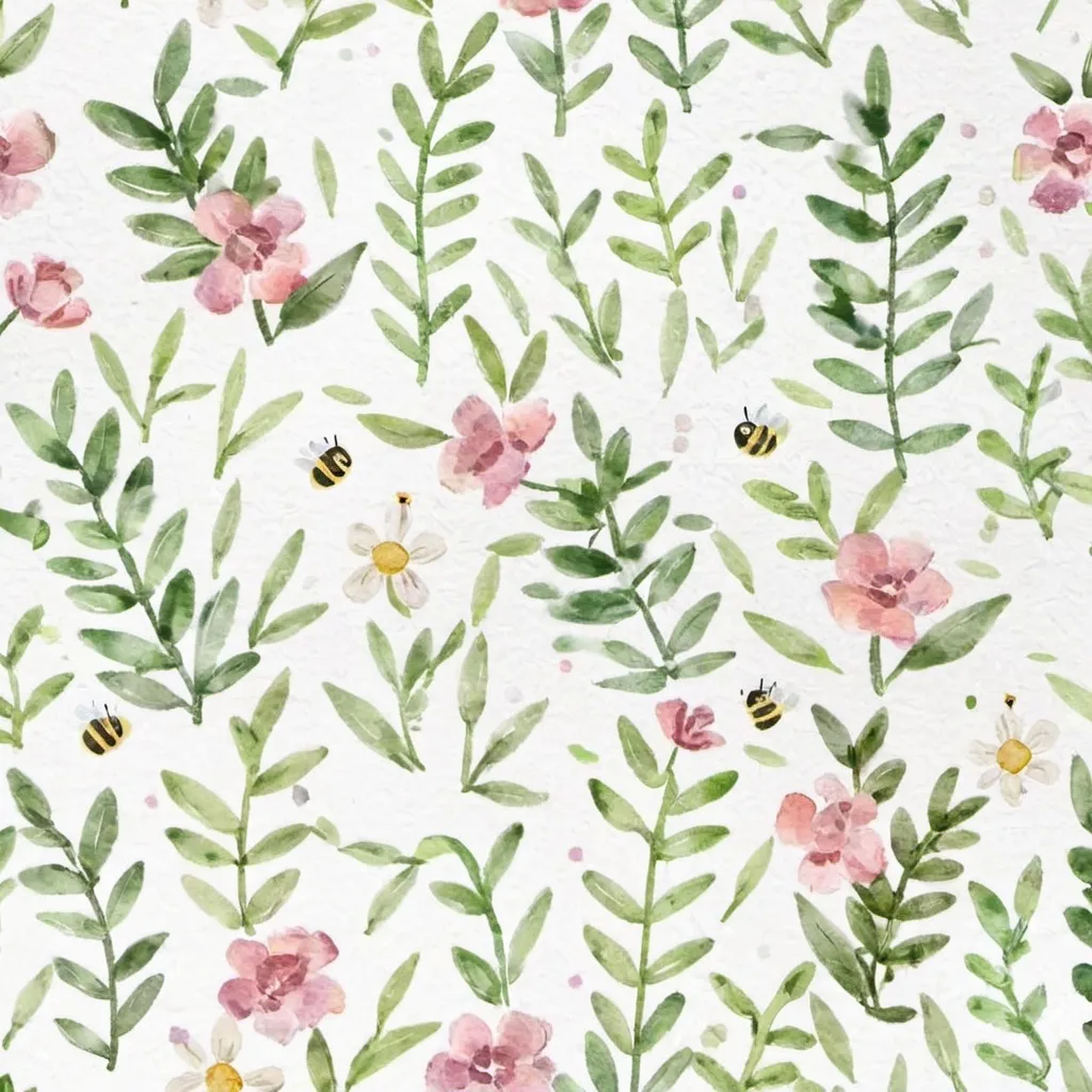 Prompt: Create a watercolor painting of a  garden pattern to be used as wallpaper. Include a mix of leaves, vegetables, bees, and flowers, all intertwined in a harmonious, repeating pattern. The leaves and flowers are lush and fill the page. 