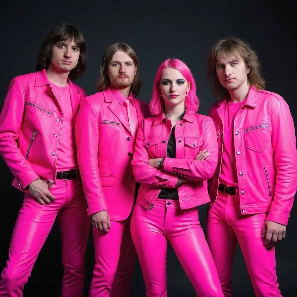 Prompt: 4 piece rock band called “Lyvers” wearing neon pink clothes