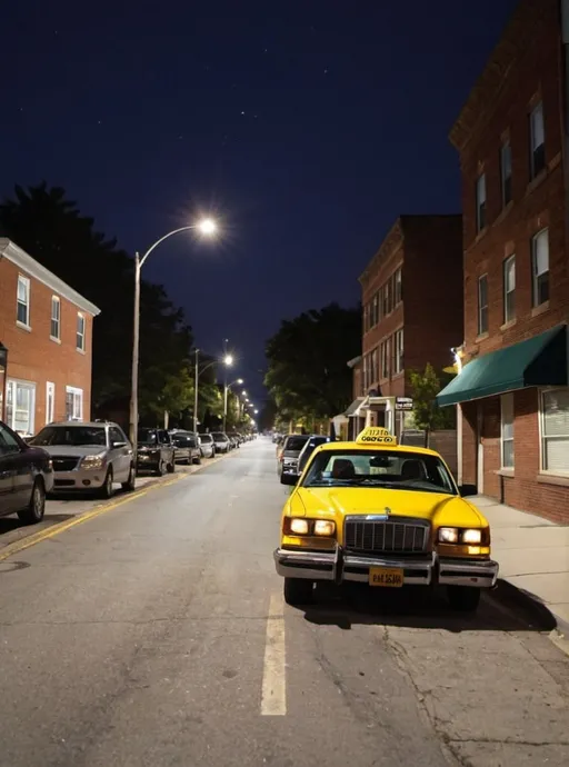Prompt: York suburb street at night parked a yellow cab