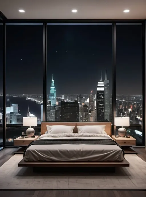 Prompt: Modern contemporary bedroom at night glass walls view city in the dark