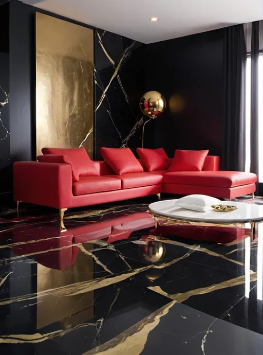Prompt: Luxurious modern living room black pvc walls red L couch black pillow black gold marble floor