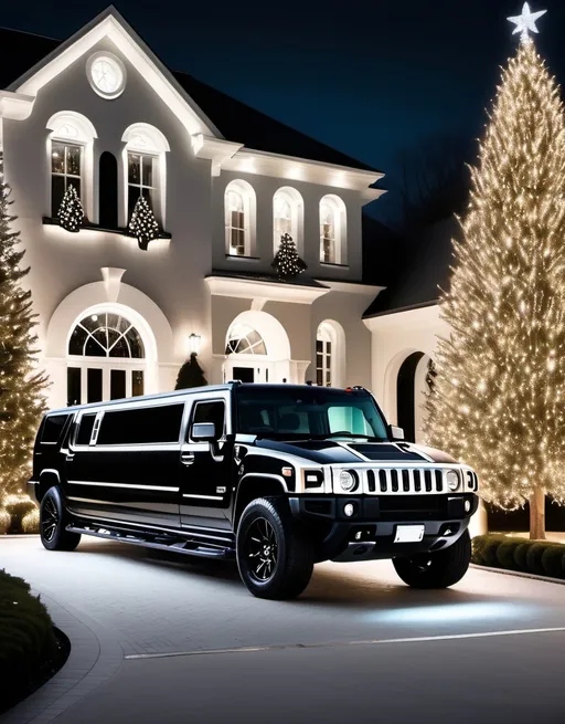 Prompt: Driveway by night with glass walls mansion at the back, different outdoor lighting, luxurious black hummer limousine parked outside and lights decorated Christmas trees