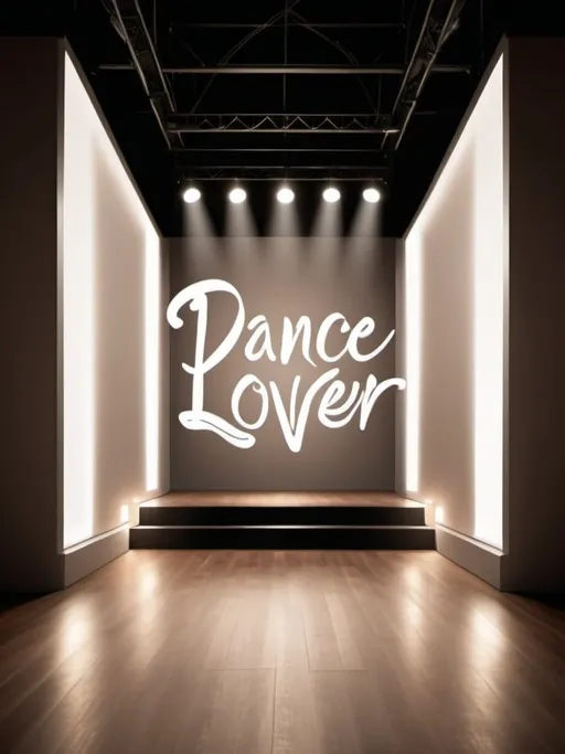 Prompt: Luxurious contemporary Catwalk with spot lights with empty audience and text “Dance Lover” on the back wall