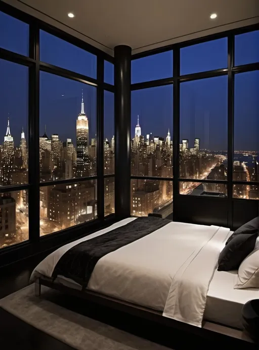 Prompt: Luxurious Modern Glass wall New York loftin the dark at night with view of the city