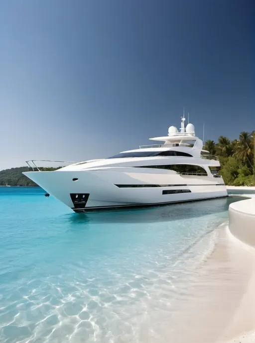 Prompt: White luxurious Modern contemporary yacht at shore blue water white sand 