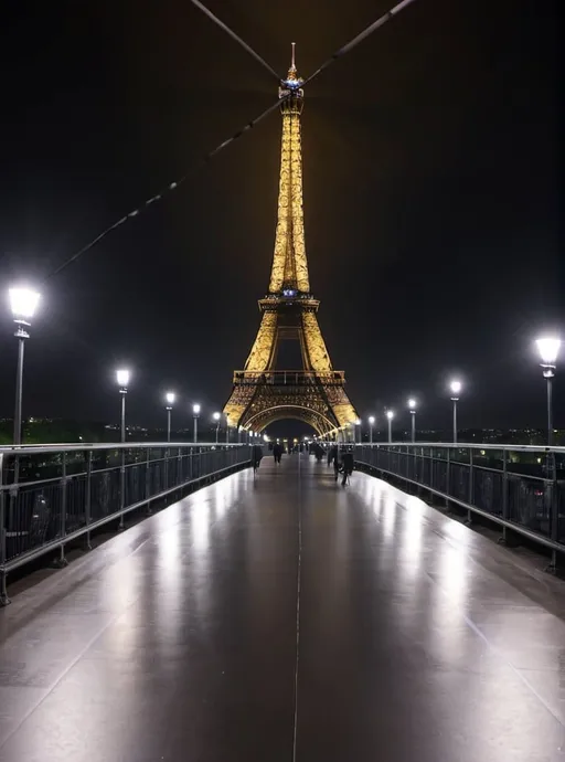Prompt: Empty Catwalk with paparazzi Eiffel Tower at night