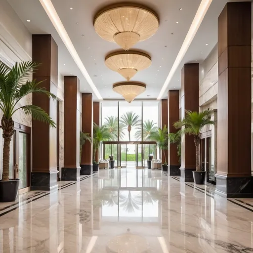 Prompt: Luxurious modern hotel lobby facing outside palm trees at the entrance marble floor