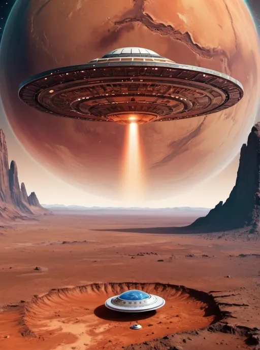Prompt: Ground in planet mars with closeup view of the planet earth and a flying saucer in the sky
