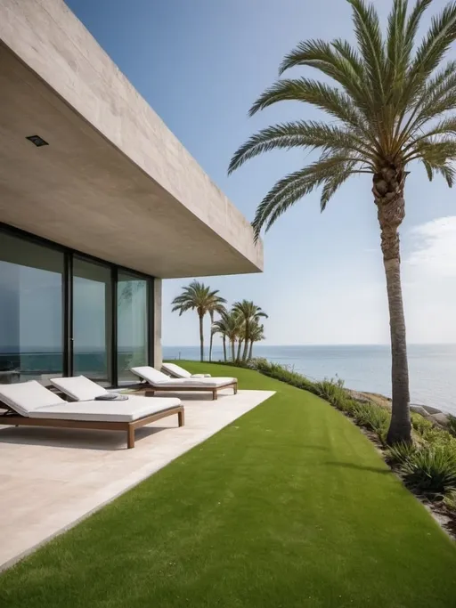 Prompt: Contemporary luxurious ressort by the sea with grass and palm trees 